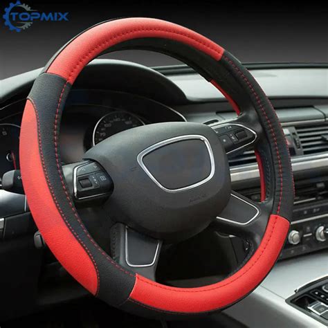 Microfiber PU Leather Universal Car Steering wheel Cover 38CM Red Auto ...