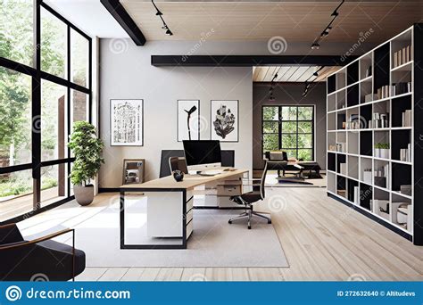 Modern, Open-plan Office with Sleek Furniture and Minimalist Decor Stock Illustration ...