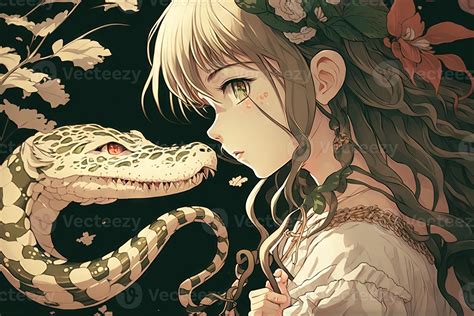 Beautiful girl kissing a snake, manga style Anime character ...