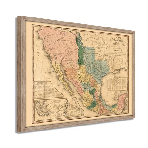 1846 Mexico Map Framed Vintage Mexico Wall Map History Map of Mexico States Map of the United ...