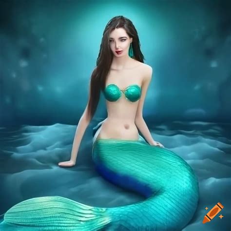 A beautiful female woman. she wearing a cyan mermaid tail