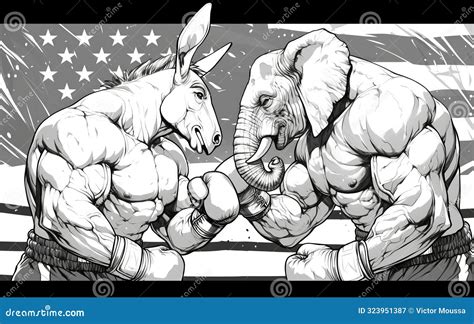 Generative AI of Monochrome Drawing of Donkey and Elephant Boxing Concept for Democratic Vs ...