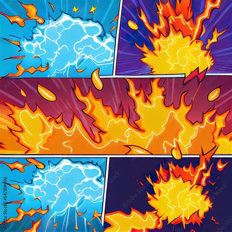 Comic book fantastic fire flames, smoke backgrounds. Boom lightning ...