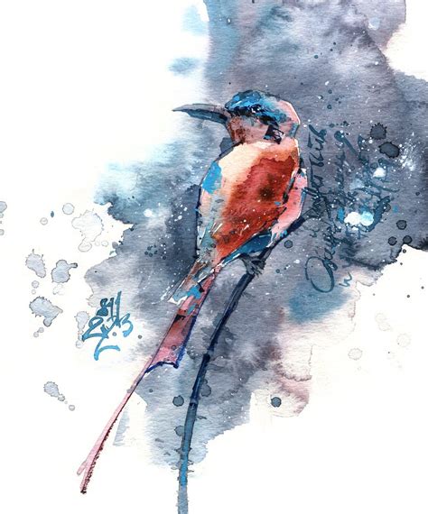 "Instant" - watercolor sketch of a bright red and blue bird on a branch ...