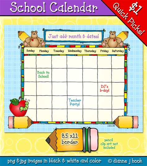 Printable school clip art calendar by DJ Inkers