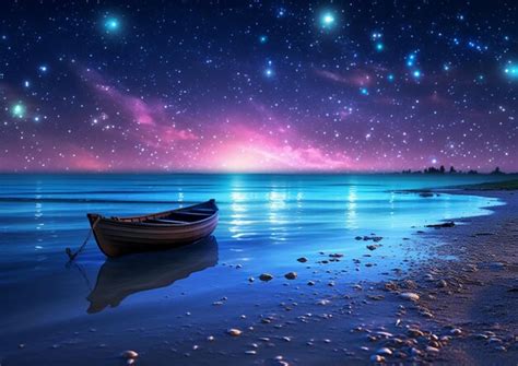 Premium AI Image | starry night sky with a boat on the beach and a boat in the water generative ai