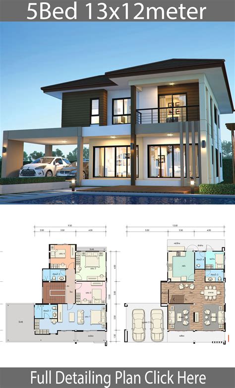 House design plan 13x12m with 5 bedrooms - House Idea | Contemporary ...