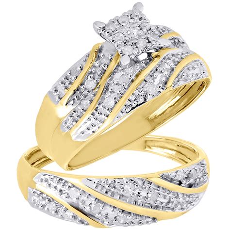 Jewelry For Less - 10K Yellow Gold Diamond Trio Set Matching Engagement Ring Wedding Band .27 Ct ...