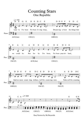 'Counting Stars' by OneRepublic Full Easy Sheet Music | Teaching Resources