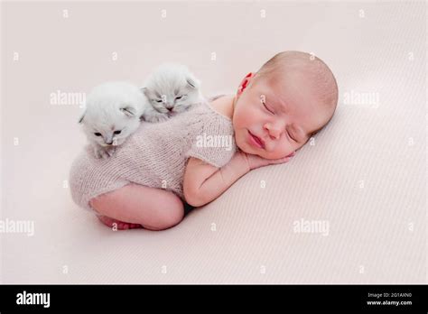 Newborn sleeping with kittens Stock Photo - Alamy