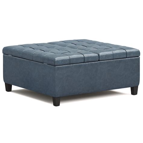 Harrison 36 inch Wide Transitional Square Coffee Table Storage Ottoman in Denim Blue Faux ...
