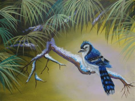 a painting of a blue jay perched on a branch