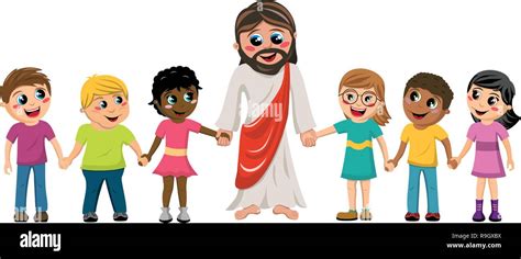 Cartoon Jesus hand in hand with kids or children isolated Stock Vector ...