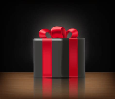 Black gift box with red ribbon and reflection on a table. 3d vector ...