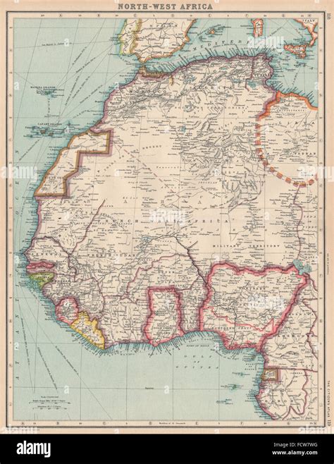 NORTH-WEST AFRICA:Rio de Oro,Rio Muni, Spanish Morocco, 1924 vintage map Stock Photo - Alamy