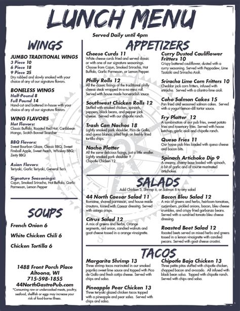 Menu at 44 North American Gastropub and Vs Sports Bar