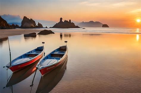 Premium Photo | Two boats on the beach at sunset