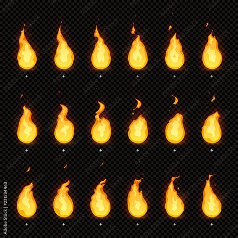 Fire animation. Flaming flame, fiery blaze and animated blazing fire flames isolated vector ...