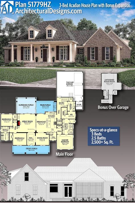 Plan 51779HZ: 3-Bed Acadian House Plan with Bonus Expansion | Architectural design house plans ...