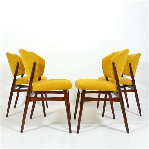 Set of 4 vintage dining chairs in yellow upholstery | #158277