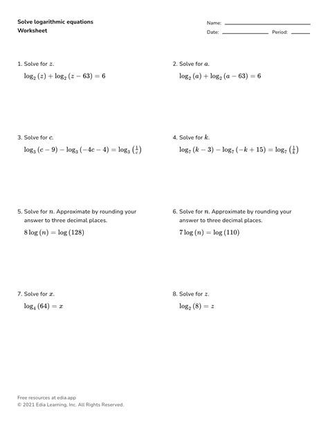 Logarithmic Equations Worksheet With Answers - E-streetlight.com