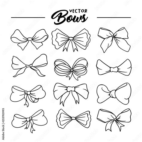 Bows handdrawn illustrations set. Ribbon knots linear drawings. Ink pen ...