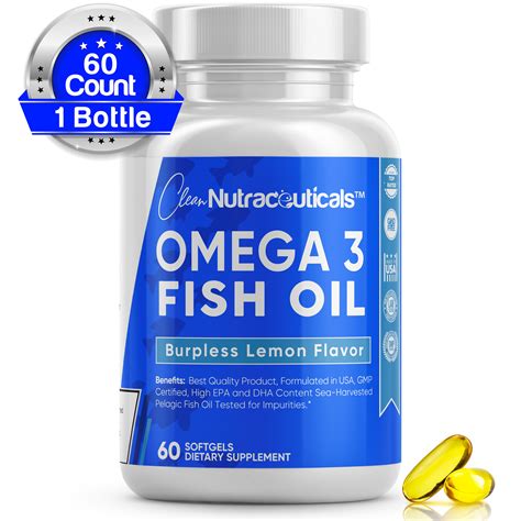 Clean Nutraceuticals Omega 3 Fish Oil 1200Mg Burpless Essential Fatty Acids Natural Immune ...