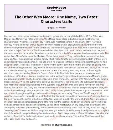 The Other Wes Moore: One Name, Two Fates: Characters traits Free Essay Example