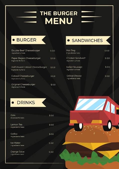 Free Creative Burger Food Truck Menu template in 2022 | Menu template ...