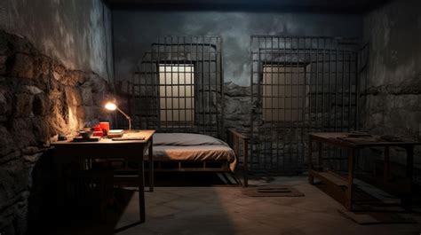 Premium Photo | An empty prison cell with a bed and a table