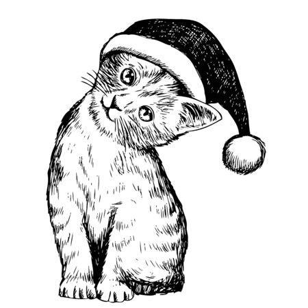 freehand sketch illustration of kitten cat with christmas hat, doodle hand drawn, christmas pet ...