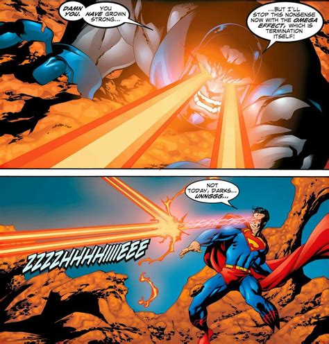 Darkseid matches his Omega Beams against Superman's heat vision