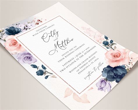 "Printable Wedding Invitation Template Suite with Navy Blue, Blush Pink ...
