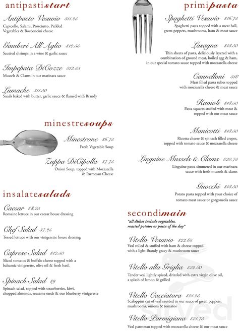 Vesuvio menu in Brampton, Ontario, Canada