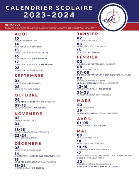 School Calendar – Bienvenue à l'Ecole Bilingue de la Nouvelle-Orléans