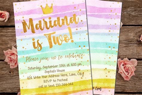 Editable Rainbow Gold Two Birthday Invitations Instant Download | Bobotemp