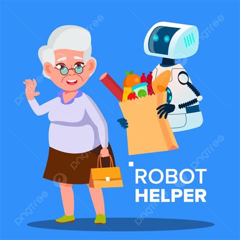 Robot Helper Vector Hd Images, Robot Helper Carrying Cart With Products Of Elderly Woman Vector ...