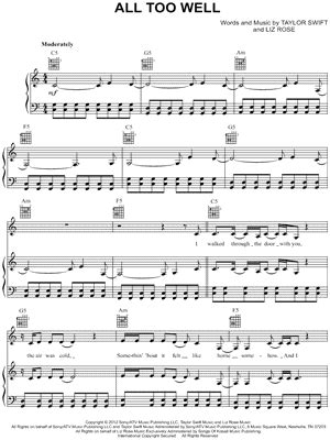 Taylor Swift "All Too Well" Sheet Music in C Major (transposable) - Download & Print | Sheet ...