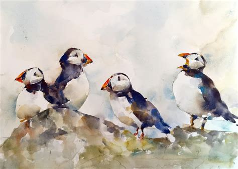 Puffins Original Watercolor Painting - Michele Clamp Art