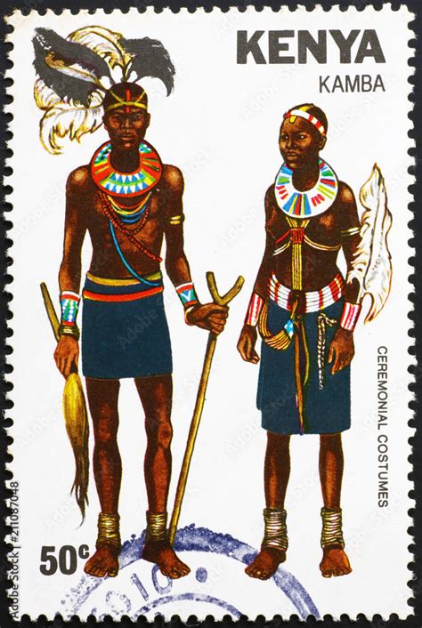 Ceremonial costumes of Kamba tribe on kenyan stamp Stock Photo | Adobe Stock