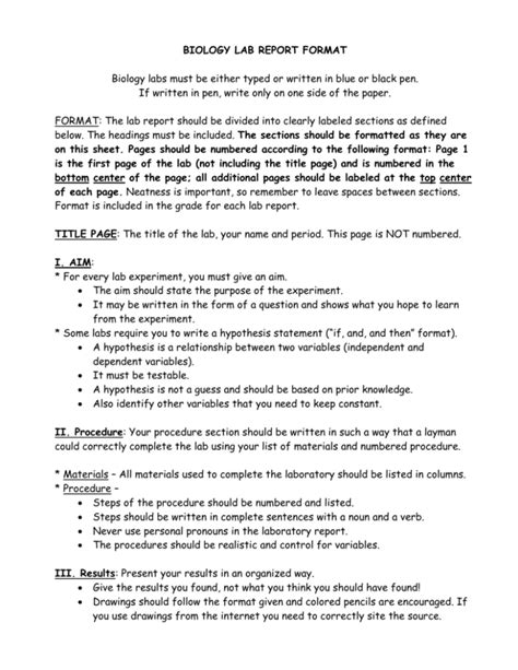 BIOLOGY LAB REPORT FORMAT