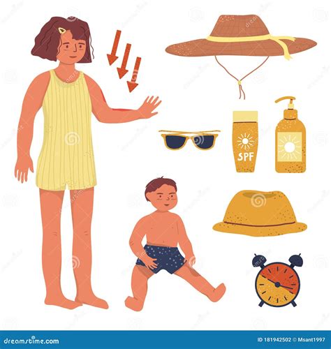 Kids Sun Protection Vector Flat Illustration. SPF Cream and Protective ...