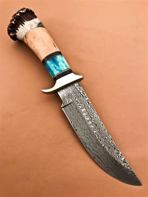 Custom Handmade Damascus Steel Bowie Knife with Stag Crown Handle – US Knife | Bowie knife ...