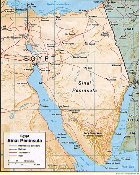 Detailed relief map of Egypt, Sinai Peninsula with roads. Egypt, Sinai ...