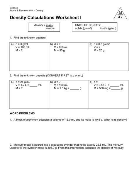 Density Calculations Worksheet I