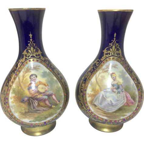 Pair Antique French Sevres Cobalt Blue Porcelain Vases Hand Painted from royalpelicanantiques on ...