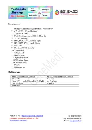 Protocol of antibody discovery protocol: Myeloma & Splenocyte fusion and mouse hybridoma ...