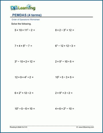 PEMDAS - 4 terms worksheets | K5 Learning