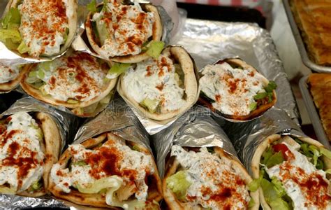 Greek Wraps Made Tzatziki Sauce, Feta, Paprika, Salad And Chicken Stock Photo - Image of ...