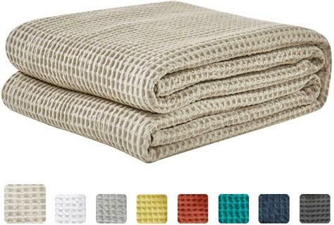 King Blanket Waffle Weave 108" x 90" Beige Soft 100% Cotton Bedding Thermal - Blankets & Throws